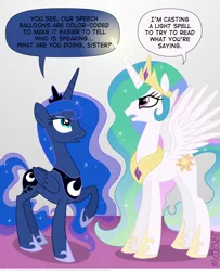 Size: 1200x1479 | Tagged: artist:kturtle, derpibooru import, dialogue, fourth wall, magic, meta, princess celestia, princess luna, safe, speech bubble