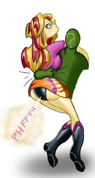 Size: 1749x3282 | Tagged: suggestive, artist:ga5pumpe, derpibooru import, sunset shimmer, oc, oc:anon, equestria girls, ass, awkward, bunset shimmer, clothes, fart, fart fetish, fart noise, gas, human on equestria girl action, panties, sbd, skirt, squeezing, underwear, upskirt, wip