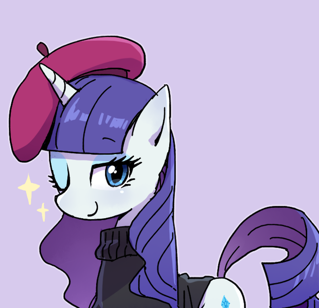 Size: 677x655 | Tagged: safe, artist:baekgup, derpibooru import, rarity, pony, unicorn, beatnik rarity, beret, clothes, cute, female, hat, mare, purple background, raribetes, simple background, solo, sparkles, sweater, wink