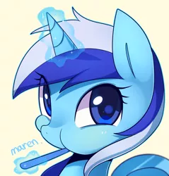 Size: 1723x1800 | Tagged: safe, artist:maren, derpibooru import, minuette, pony, unicorn, brushing teeth, commission, cute, female, levitation, looking at you, magic, mare, minubetes, signature, simple background, solo, sweet dreams fuel, toothbrush