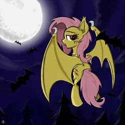 Size: 2048x2048 | Tagged: safe, artist:meirei, derpibooru import, fluttershy, bat, fangs, flutterbat, full moon, looking at you, looking back, moon, night, pixiv, solo, tongue out