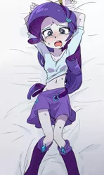 Size: 561x950 | Tagged: dead source, suggestive, artist:baekgup, derpibooru import, rarity, equestria girls, adorasexy, bed, belly button, blushing, cute, female, midriff, nervous, on back, open mouth, sexy, solo, solo female, sweat, undressing