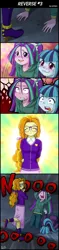 Size: 800x3400 | Tagged: safe, artist:uotapo, derpibooru import, adagio dazzle, aria blaze, sonata dusk, comic:reverse, equestria girls, rainbow rocks, :o, adoragio, alternate hairstyle, arm behind back, big no, blushing, clothes, comic, crying, cute, eyes closed, faceplant, female, frown, glasses, gritted teeth, high heels, hoodie, jeans, kneeling, lip bite, nerddagio, no eyes, open mouth, pants, reformed, shoes, smiling, sweat, the dazzlings, wavy mouth