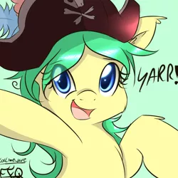 Size: 2000x2000 | Tagged: safe, artist:freefraq, derpibooru import, oc, oc:chantie note, unofficial characters only, cute, fluffy, hat, looking at you, open mouth, pirate, pirate hat, smiling, solo