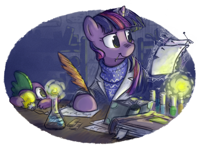 Size: 1000x740 | Tagged: safe, artist:onkelscrut, derpibooru import, spike, twilight sparkle, pony, unicorn, bauble, beaker, book, christmas, christmas ornament, clothes, erlenmeyer flask, female, image, levitation, mare, pin, png, quill, science, sweater, test tube