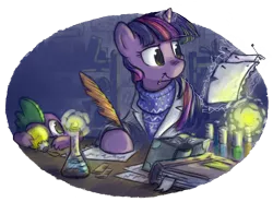 Size: 1000x740 | Tagged: safe, artist:onkelscrut, derpibooru import, spike, twilight sparkle, pony, unicorn, bauble, beaker, book, christmas, christmas ornament, clothes, erlenmeyer flask, female, image, levitation, mare, pin, png, quill, science, sweater, test tube