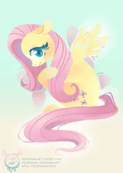 Size: 600x849 | Tagged: safe, artist:mmishee, derpibooru import, fluttershy, pegasus, pony, cutie mark, cutie mark background, female, floppy ears, hooves, lineless, mare, solo, spread wings, teeth, wings