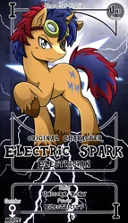 Size: 800x1399 | Tagged: safe, artist:vavacung, derpibooru import, oc, oc:electric spark, unofficial characters only, pony, unicorn, commission, goggles, male, pactio card, solo, stallion