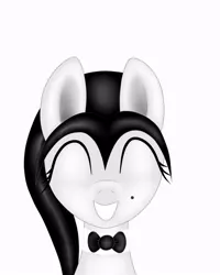Size: 640x800 | Tagged: artist:thepianistmare, beauty mark, black hair, bowtie, cute, derpibooru import, eyes closed, grin, oc, oc:klavinova, portrait, safe, simple background, smiling, squee, unofficial characters only, white background