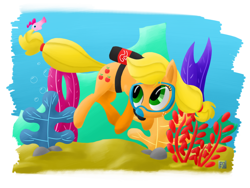 Size: 2000x1500 | Tagged: applejack, artist:eq-7, derpibooru import, diving, fish, fishified, hatless, missing accessory, pinkie pie, safe, scuba, species swap, swimming, underwater