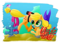 Size: 2000x1500 | Tagged: applejack, artist:eq-7, derpibooru import, diving, fish, fishified, hatless, missing accessory, pinkie pie, safe, scuba, species swap, swimming, underwater