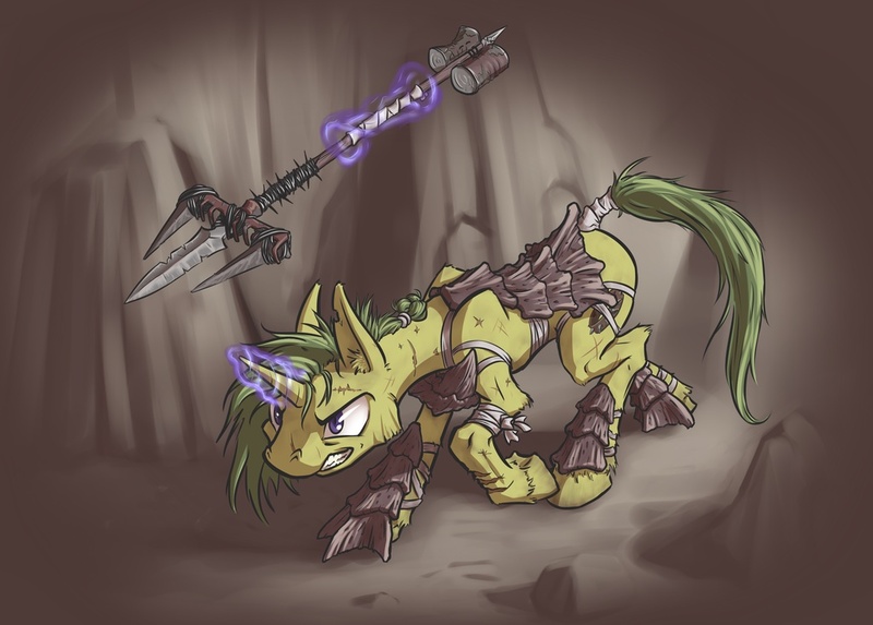 Size: 1024x733 | Tagged: armor, artist:kalemon, derpibooru import, fallout equestria, improvised weapon, magic, oc, oc:poison trail, raider, semi-grimdark, trident, unofficial characters only