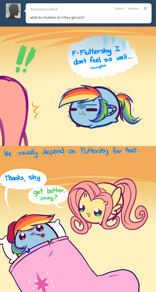 Size: 669x1250 | Tagged: artist:pekou, ask, ask my little chubbies, bed, chubbie, comic, derpibooru import, fluttershy, rainbow dash, safe, thermometer, tumblr