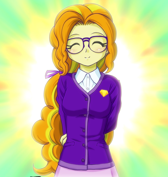 Size: 763x803 | Tagged: safe, artist:uotapo, derpibooru import, adagio dazzle, equestria girls, rainbow rocks, adoragio, adorkable, alternate hairstyle, beautiful, blushing, cropped, cute, dork, eyes closed, female, glasses, nerddagio, purified, reformed, smiling, solo