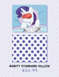 Size: 1236x1600 | Tagged: advertisement, artist:lunarshinestore, bed, derpibooru import, newspaper, pillow, rarity, safe, sleeping, sleep mask, solo