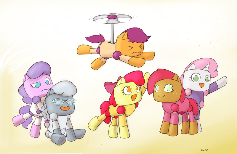 Size: 2000x1300 | Tagged: safe, artist:i am nude, derpibooru import, apple bloom, babs seed, diamond tiara, scootaloo, silver spoon, sweetie belle, pony, robot, robot pony, crossover, cutie mark crusaders, happy, megaman, megaman legends, propeller, servbot, sweetie bot