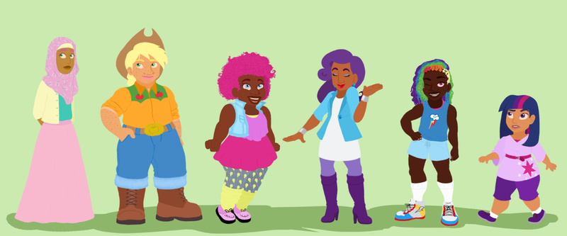 Size: 1280x533 | Tagged: applejack, artist:brookedoesart, chubby, clothes, dark skin, derpibooru import, diversity, fluttershy, freckles, green background, hat, hijab, human, humanized, islam, islamashy, long skirt, mane six, pinkie pie, rainbow dash, rarity, safe, simple background, skirt, tan skin, twilight sparkle, uncanny valley