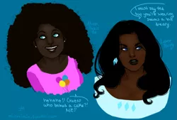 Size: 1265x854 | Tagged: artist:microviolin, beauty mark, blue background, breasts, cleavage, clothes, curly hair, dark skin, derpibooru import, diamond, duo, ear piercing, earring, human, humanized, jewelry, long hair, natural hair color, piercing, pinkie pie, rarity, safe, shirt, simple background, smiling, uncanny valley