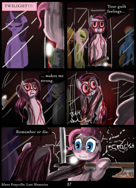 Size: 762x1048 | Tagged: semi-grimdark, artist:helenasherzblut, derpibooru import, applejack, fluttershy, pinkie pie, rainbow dash, rarity, twilight sparkle, earth pony, pony, fanfic:silent ponyville, axe, bipedal, blood, comic, engrish, female, katana, lost memories, mane six, mare, mirror, pinkamena diane pie, red eyes, sword, weapon