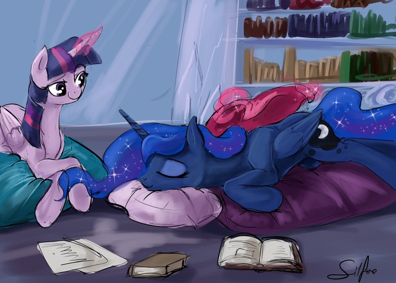 Size: 1280x914 | Tagged: safe, artist:silfoe, derpibooru import, princess luna, twilight sparkle, twilight sparkle (alicorn), alicorn, pony, royal sketchbook, book, eyes closed, female, lesbian, magic, mare, missing accessory, pillow, prone, shipping, sleeping, smiling, telekinesis, twiluna