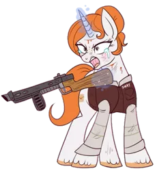 Size: 503x547 | Tagged: semi-grimdark, artist:lulubell, derpibooru import, oc, oc:alice, unofficial characters only, pony, unicorn, fallout equestria, blood, courier six, crying, cut, fallout, female, gun, levitation, magic, mare, shotgun, simple background, solo, telekinesis, transparent background, weapon