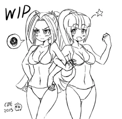 Size: 1116x1089 | Tagged: aria blaze, arisona, artist:crimsonbugeye, belly button, bikini, breasts, busty aria blaze, busty sonata dusk, clothes, derpibooru import, duo, duo female, female, grumpy, human, humanized, lesbian, monochrome, sketch, sonata dusk, suggestive, swimsuit, wip