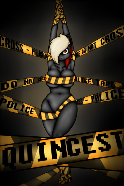 Size: 2000x3000 | Tagged: anthro, armpits, artist:quin, big breasts, bondage, breasts, derpibooru import, female, oc, oc:quin, police, police tape, questionable, unofficial characters only