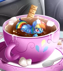 Size: 1235x1400 | Tagged: safe, artist:knifeh, derpibooru import, rainbow dash, pegasus, pony, bubble, chocolate, cream, cup, cup of pony, cute, cutie mark, dashabetes, female, food, hot chocolate, mare, marshmallow, micro, pinkie pie's cutie mark, signature, solo, swimming, tiny ponies, wet, wet mane, wings