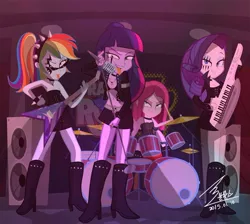 Size: 1000x897 | Tagged: safe, artist:bluse, derpibooru import, pinkie pie, rainbow dash, rarity, twilight sparkle, equestria girls, rainbow rocks, belly button, breasts, cross, drums, electric guitar, female, goth, gothity, guitar, keytar, metal, microphone, musical instrument, pinkamena diane pie, show accurate, tongue out