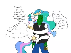 Size: 2467x1828 | Tagged: safe, artist:frikdikulous, derpibooru import, princess celestia, oc, oc:anon, alicorn, human, pony, blushing, colored, dialogue, eyes closed, female, funny, hug, human fetish, human male, male, mare, simple background, sketch, white background