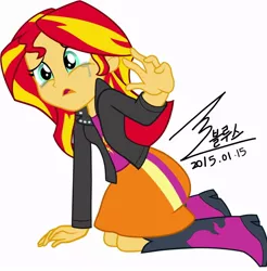 Size: 900x916 | Tagged: safe, artist:bluse, derpibooru import, sunset shimmer, equestria girls, rainbow rocks, background removed, crying, female, heartbreak, incorrect hand anatomy, kneeling, sad, show accurate, signature, simple background, solo, sunsad shimmer, white background