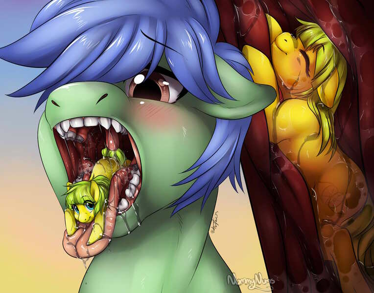 Size: 1800x1413 | Tagged: questionable, artist:nummynumz, derpibooru import, oc, oc:lemon drop, oc:south lights, unofficial characters only, blushing, drool, fetish, internal, maw, mawshot, micro, mouthplay, throat, tongue out, uvula, vore, willing vore