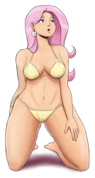 Size: 1857x3461 | Tagged: suggestive, artist:king-kakapo, artist:megasweet, derpibooru import, fluttershy, human, barefoot, belly button, bikini, bikini babe, blushing, breasts, busty fluttershy, clothes, colored, ear piercing, earring, feet, female, hips, humanized, image, jewelry, kneeling, legs, panties, piercing, png, simple background, solo, solo female, string bikini, stupid sexy fluttershy, swimsuit, thong, transparent background, underwear, wide hips