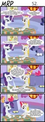 Size: 800x2153 | Tagged: safe, artist:umneem, derpibooru import, apple bloom, rarity, scootaloo, sweetie belle, trixie, oc, oc:dispersion, earth pony, pegasus, pony, unicorn, comic:my rational pony, 4koma, cardboard box, comic, cutie mark crusaders, female, mare, tetris