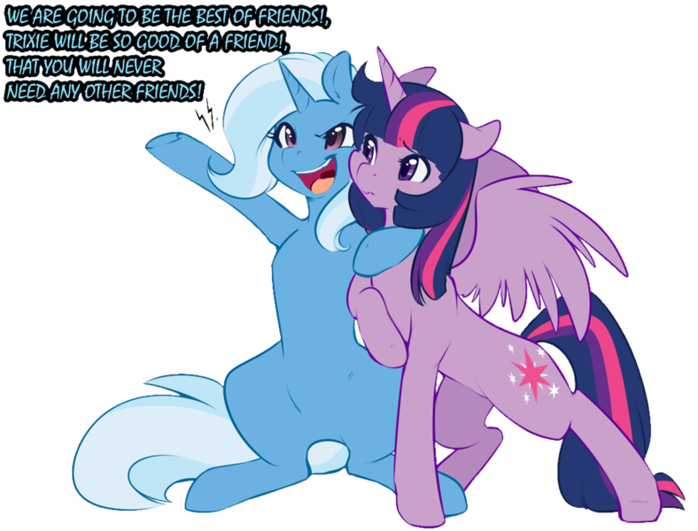 Size: 1024x780 | Tagged: safe, artist:duskyamore, derpibooru import, edit, trixie, twilight sparkle, twilight sparkle (alicorn), alicorn, pony, dialogue, female, friendshipping, mare, simple background, transparent background, yelling