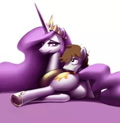 Size: 1024x1053 | Tagged: suggestive, artist:moonlitbrush, derpibooru import, princess celestia, oc, pony, princess molestia, bedroom eyes, butt licking, canon x oc, drool, female, licking, looking back, male, mare, messy mane, open mouth, plot, prone, smiling, stallion, sunbutt, tongue out, underhoof