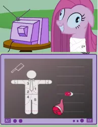 Size: 388x500 | Tagged: safe, derpibooru import, pinkie pie, diagram, exploitable meme, grimdark source, insanity, meat, meme, music video, obligatory pony, pinkamena diane pie, questionable source, solo, tv meme, youtube link