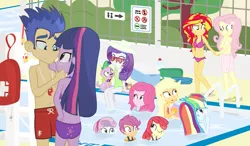 Size: 1500x875 | Tagged: safe, artist:dm29, derpibooru import, apple bloom, applejack, flash sentry, fluttershy, pinkie pie, rainbow dash, rarity, scootaloo, spike, sunset shimmer, sweetie belle, twilight sparkle, twilight sparkle (alicorn), dog, equestria girls, bare chest, beach ball, belly button, bikini, breasts, buttcrack, cleavage, clothes, cutie mark crusaders, feet, female, flashlight, floaty, ice cream cone, inflatable, lifeguard, male, mane seven, mane six, sandals, sarong, shipping, sparity, spike the dog, straight, sunglasses, sunshyne, surprised, swim trunks, swimming pool, swimsuit, topless, water wings, whistle