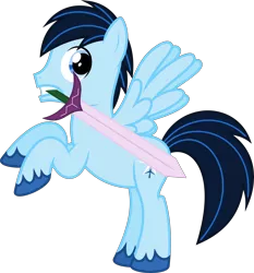 Size: 6400x6869 | Tagged: safe, artist:parclytaxel, derpibooru import, oc, oc:star blade, unofficial characters only, pegasus, pony, .svg available, absurd resolution, looking back, male, mouth hold, prancing, simple background, solo, stallion, sword, transparent background, unshorn fetlocks, vector, weapon