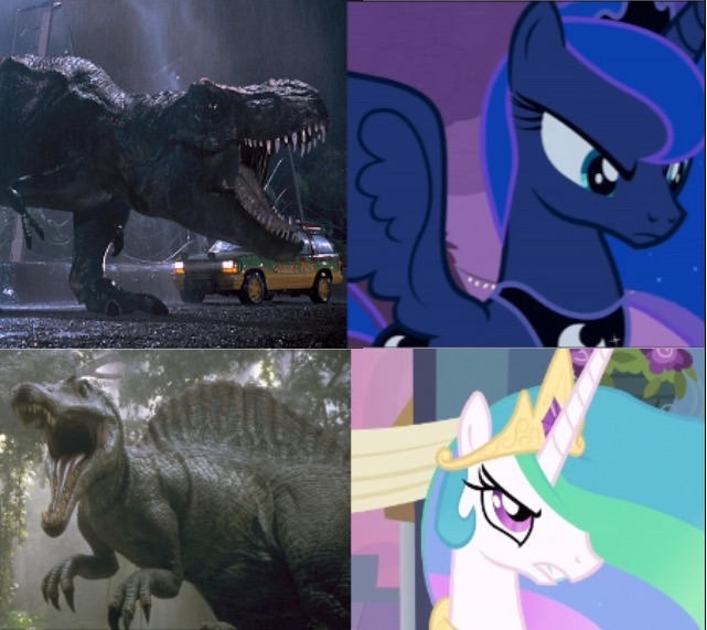 Size: 641x571 | Tagged: celestia hate, dinosaur, drama, drama bait, jurassic park, op started shit, princess celestia, princess luna, safe, spinosaurus, tyrannosaurus rex