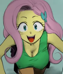 Size: 600x700 | Tagged: suggestive, artist:kosukegawa, artist:stasyan1902, derpibooru import, edit, fluttershy, human, equestria girls, breasts, busty fluttershy, cleavage, clothes, colored, downblouse, erect nipples, female, hanging breasts, humanized, looking at you, open mouth, scene interpretation, solo, tanktop