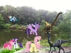Size: 2592x1936 | Tagged: safe, artist:fyrekobra, derpibooru import, applejack, fluttershy, pinkie pie, rainbow dash, rarity, twilight sparkle, twilight sparkle (alicorn), alicorn, brachiosaurus, dinosaur, earth pony, gallimimus, pegasus, pony, pteranodon, sauropod, unicorn, attraction, edmontosaurus, female, flying, irl, jurassic park, lake, mane six, mare, photo, ponies in real life, prehistoric park, scenery, vector, walking with dinosaurs