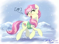 Size: 1480x1110 | Tagged: safe, artist:willisninety-six, derpibooru import, oc, oc:five of cloves, unofficial characters only, earth pony, pony, winter wrap up, clothes, female, happy, mare, music notes, plant team, singing, snow, snowfall, solo, vest, walking, winter, winter wrap up vest