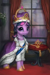 Size: 800x1200 | Tagged: safe, artist:assasinmonkey, derpibooru import, twilight sparkle, twilight sparkle (alicorn), alicorn, pony, alternate hairstyle, au:eqcl, clothes, crown, cute, detailed, ermine, female, jewelry, looking at you, mare, new crown, regalia, sash, scepter, smiling, solo, tiara