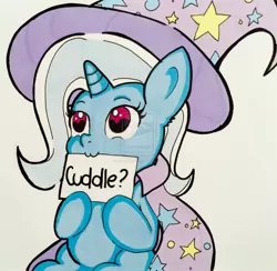 Size: 1600x1564 | Tagged: safe, artist:mr-skyliner34, derpibooru import, trixie, pony, unicorn, :3, female, mare, mouth hold, sign, solo, traditional art