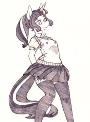 Size: 887x1200 | Tagged: alternate hairstyle, anthro, artist:yachimata, clothes, derpibooru import, monochrome, pencil drawing, ponytail, safe, school uniform, socks, solo, stockings, thigh highs, traditional art, twilight sparkle