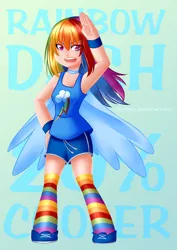 Size: 900x1273 | Tagged: artist:nephiam, clothes, derpibooru import, human, humanized, rainbow dash, rainbow socks, safe, socks, solo, striped socks, winged humanization