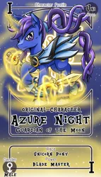 Size: 800x1399 | Tagged: safe, artist:vavacung, derpibooru import, oc, oc:azure night, unofficial characters only, pony, unicorn, armor, card, commission, male, pactio card, solo, stallion, sword