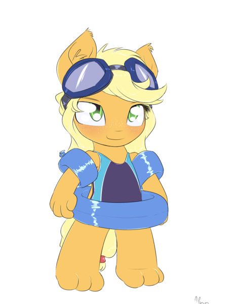 Size: 1200x1600 | Tagged: safe, artist:alasou, deleted from derpibooru, derpibooru import, applejack, anthro, digitigrade anthro, bipedal, chibi, clothes, floaty, goggles, image, inner tube, one-piece swimsuit, open-back swimsuit, png, simple background, smiling, solo, species swap, sports swimsuit, swimsuit, toes, transparent background, water wings