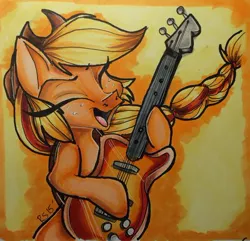 Size: 400x385 | Tagged: safe, artist:tinyunicornfarm, derpibooru import, applejack, bass guitar, electric guitar, guitar, musical instrument, solo, traditional art